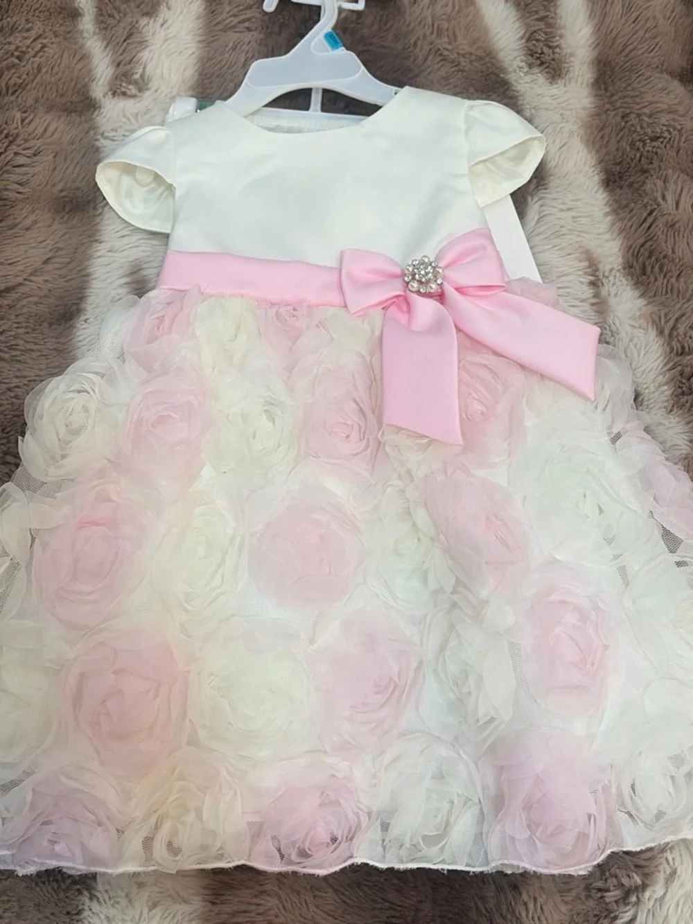 Girls Ivory and Pink Rosette Party Dress with Bow